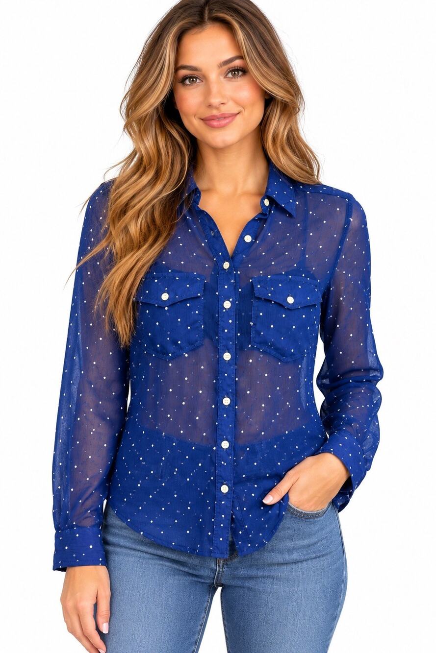 Abercrombie & Fitch Womens XS Blue/White Polka Dot Sheer Chiffon Button-Up